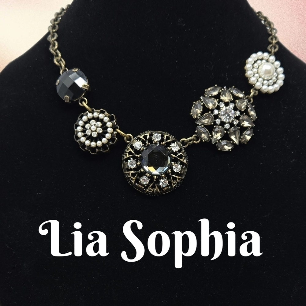 Lia Sophia Antique Gold Tone Choker Adj Chain Rhinestones Faux Pearls Wedding